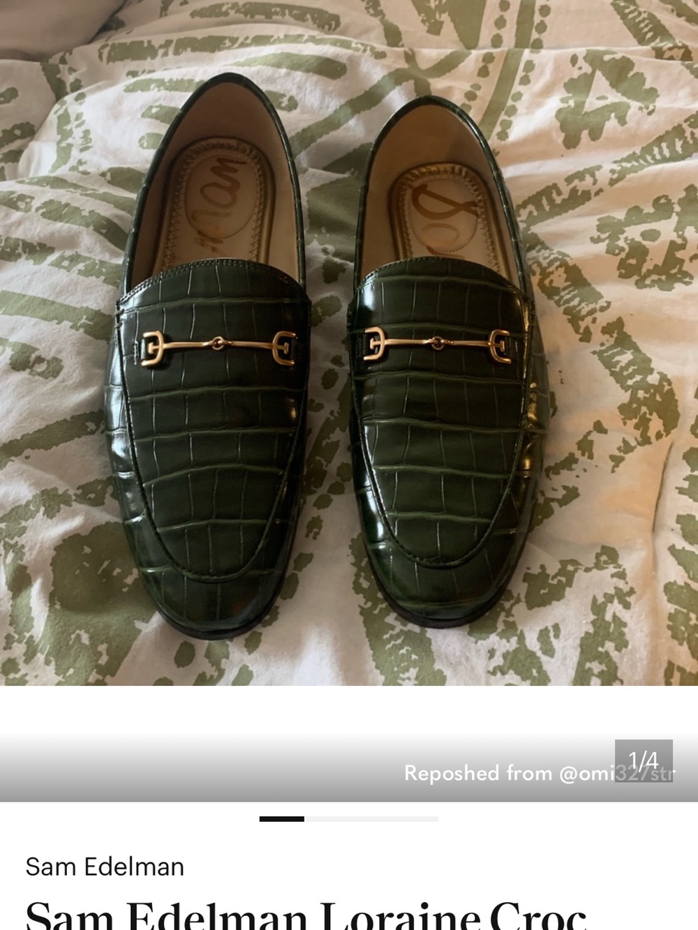 Sam Edelman Dark Green Croc-Embossed Slip-On Loafers with Gold Bit